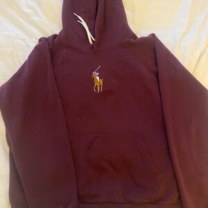 Burgundy Polo-Style Hooded Sweatshirt with Embroidered Polo Player